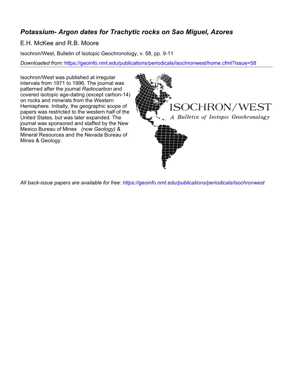 Potassium- Argon Dates for Trachytic Rocks on Sao Miguel, Azores E.H