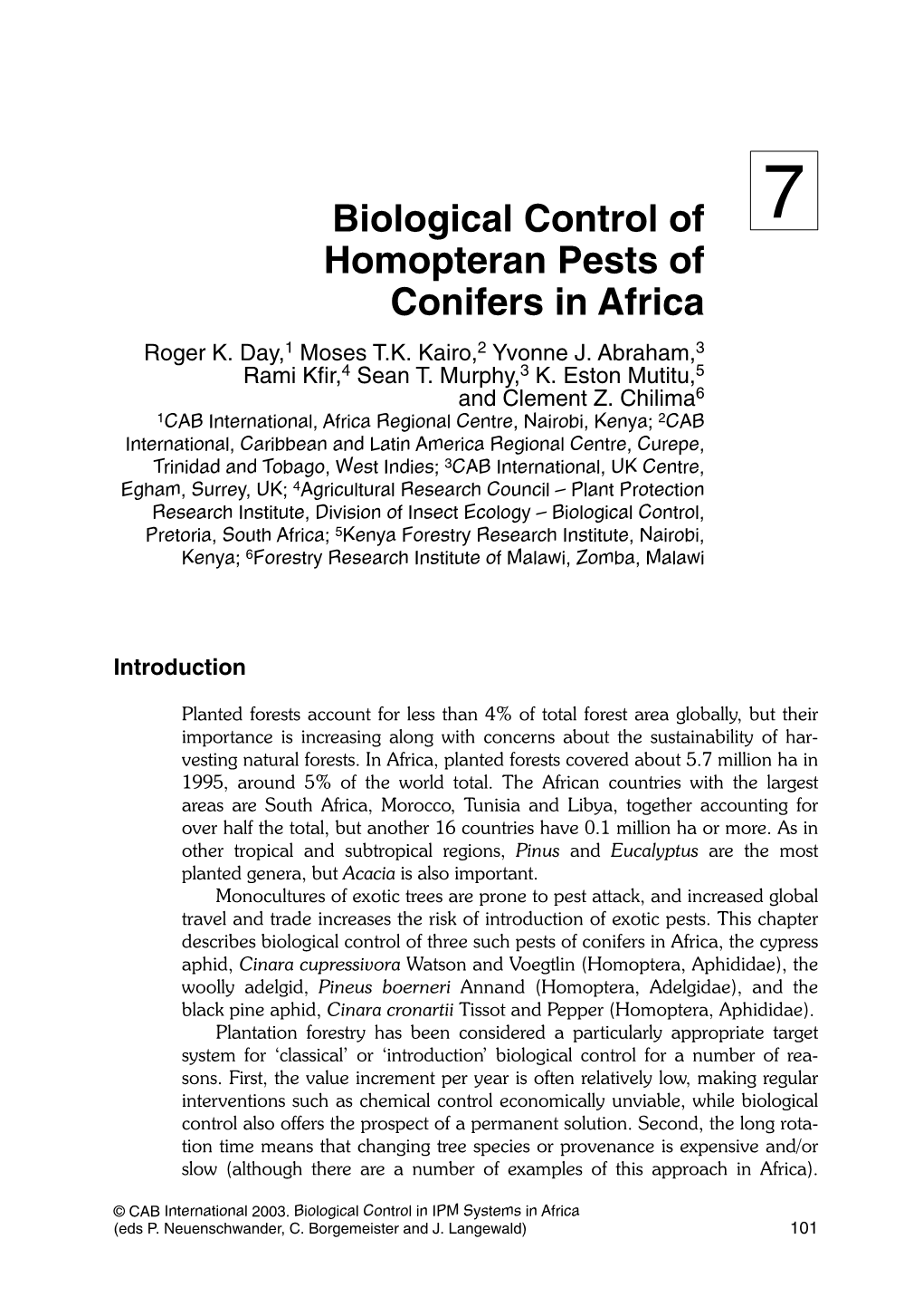Biological Control of Homopteran Pests of Conifers in Africa
