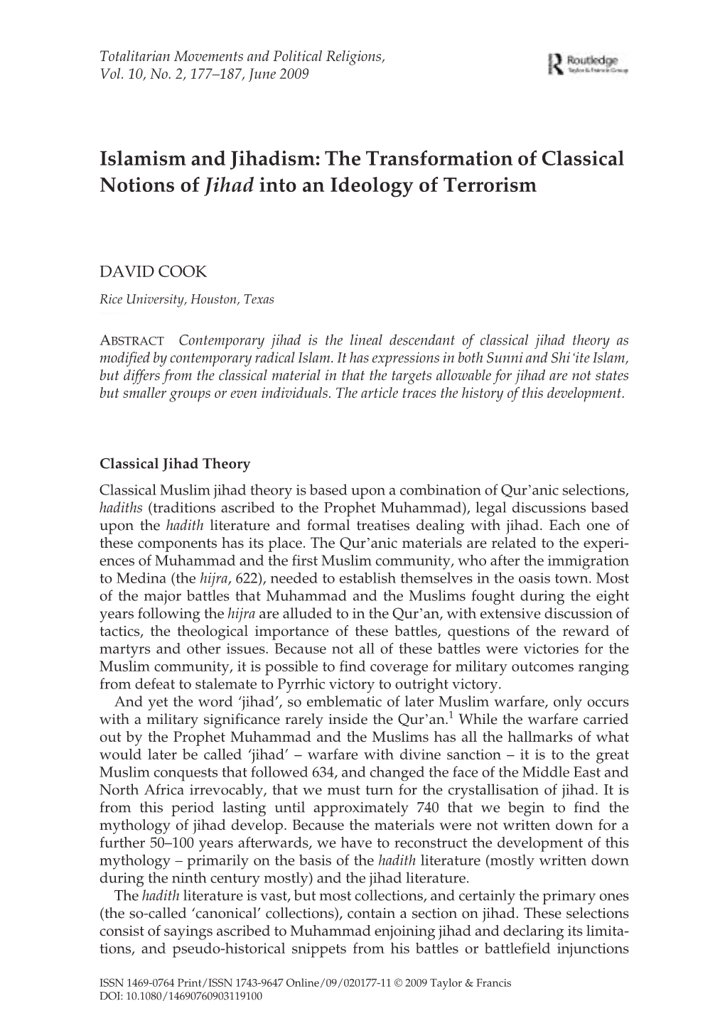 Islamism and Jihadism: the Transformation of Classical Notions of Jihad Into an Ideology of Terrorism