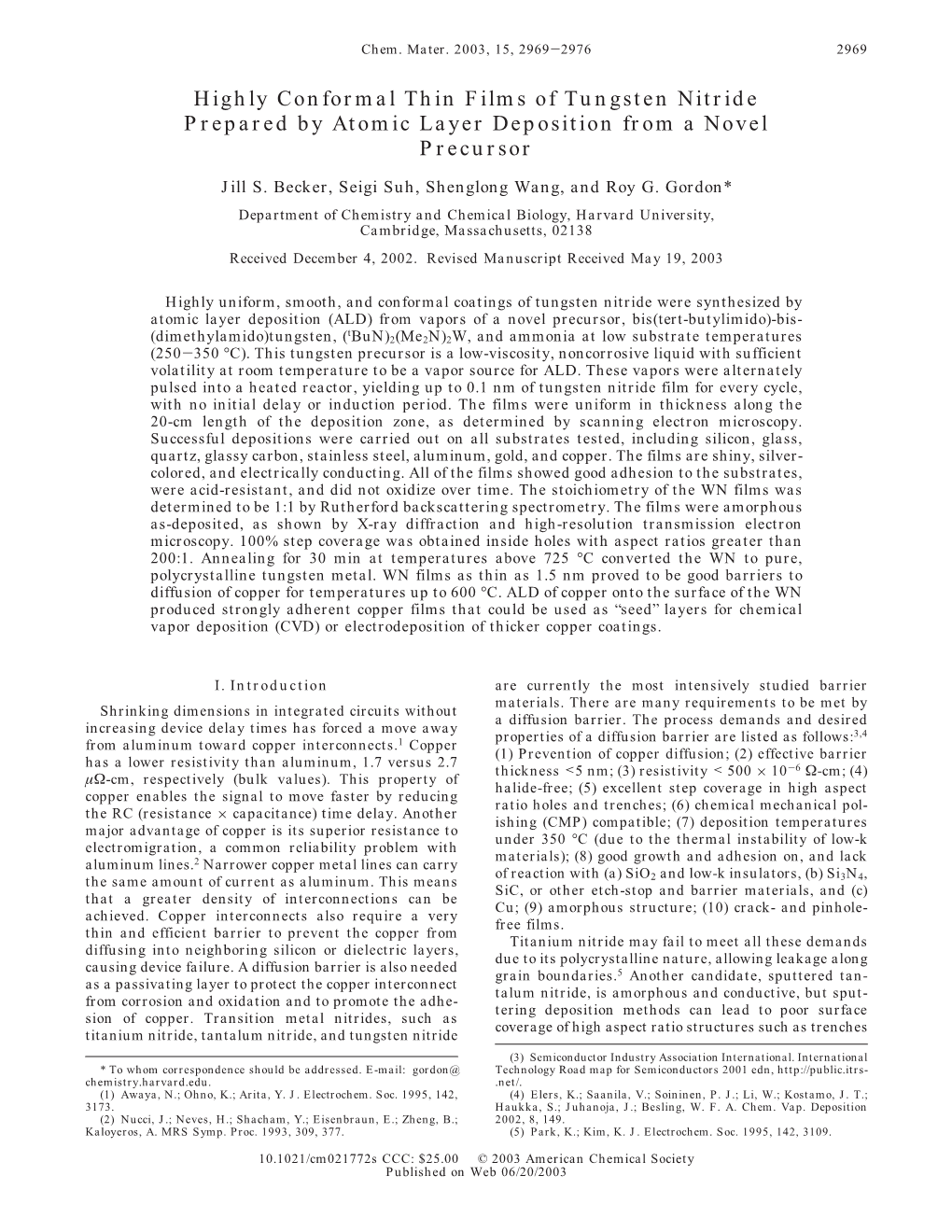 Highly Conformal Thin Films of Tungsten Nitride Prepared by Atomic Layer Deposition from a Novel Precursor