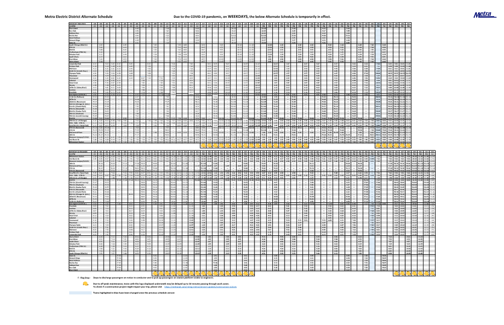 Metra Electric District Alternate Schedule Due to the COVID-19 Pandemic, on WEEKDAYS, the Below Alternate Schedule Is Temporarily in Effect