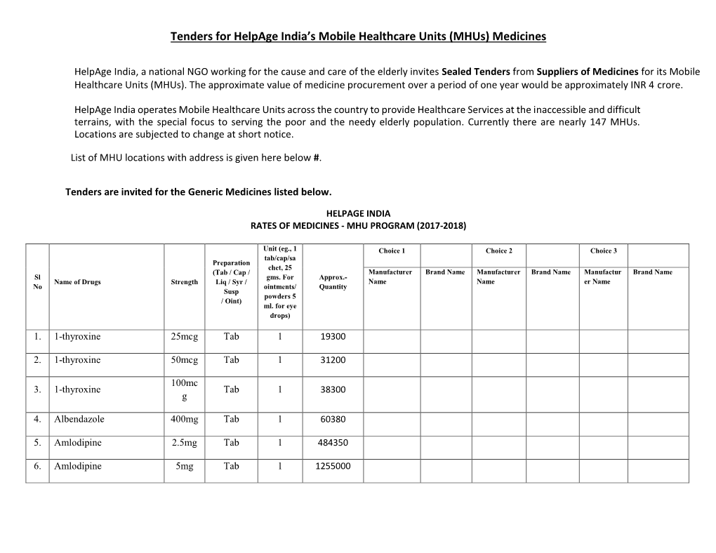Tenders for Helpage India's Mobile Healthcare Units (Mhus) Medicines