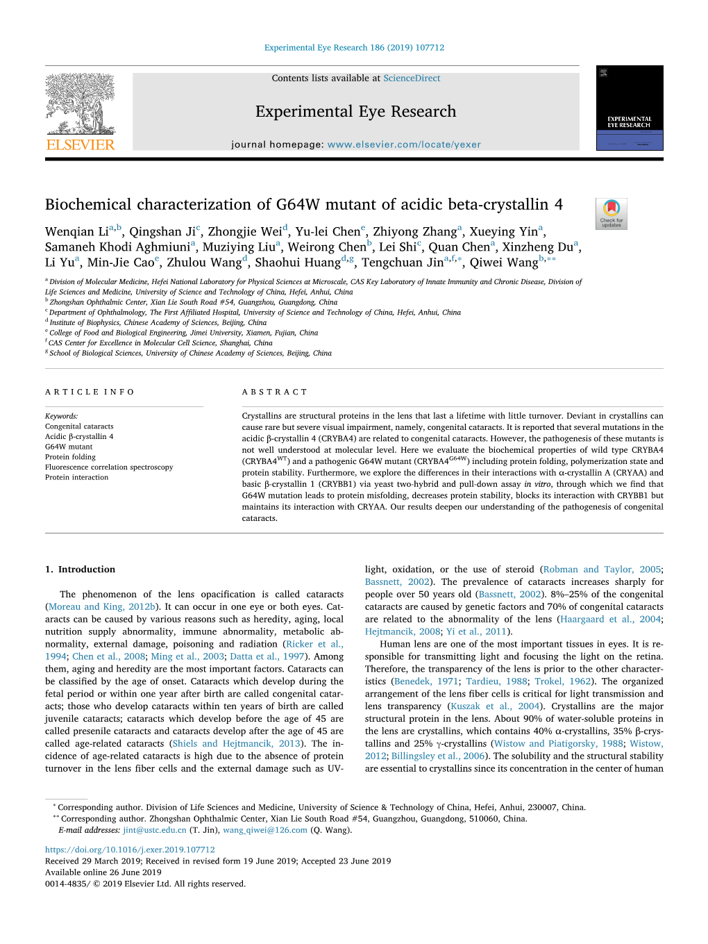 Biochemical Characterization of G64W Mutant of Acidic Beta-Crystallin 4