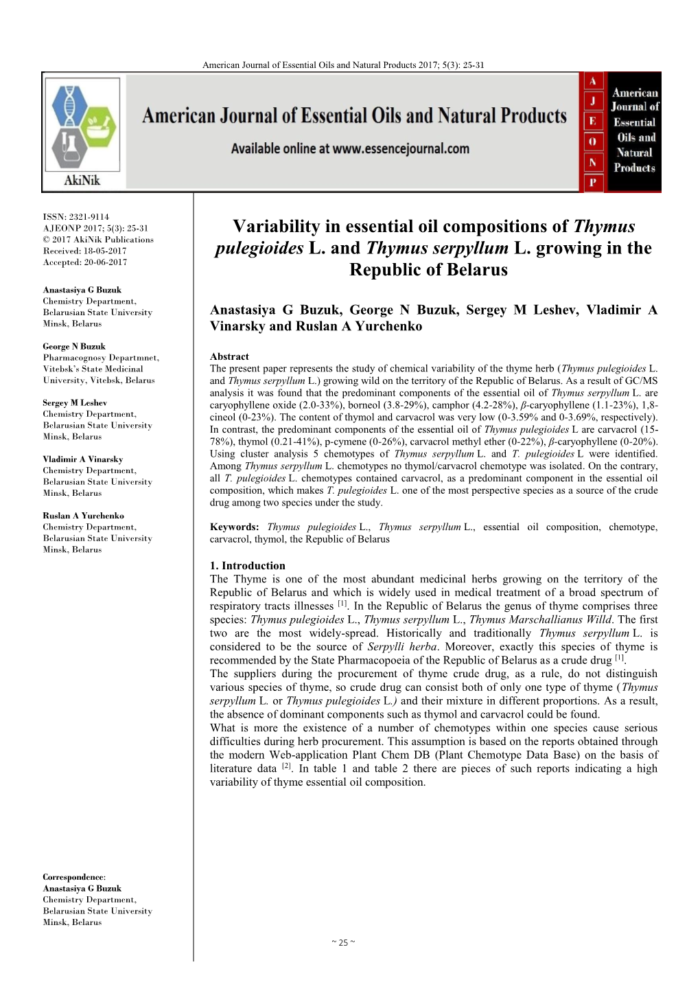 Variability in Essential Oil Compositions of Thymus Pulegioides L. and Thymus Serpyllum L. Growing in the Republic of Belarus