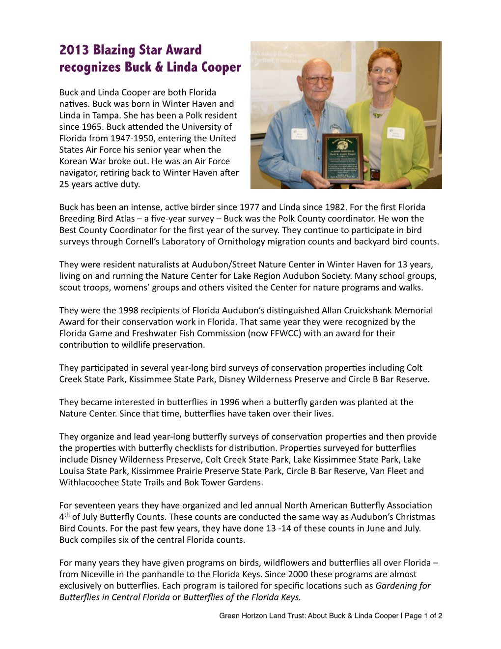 2013 Blazing Star Award Recognizes Buck & Linda Cooper