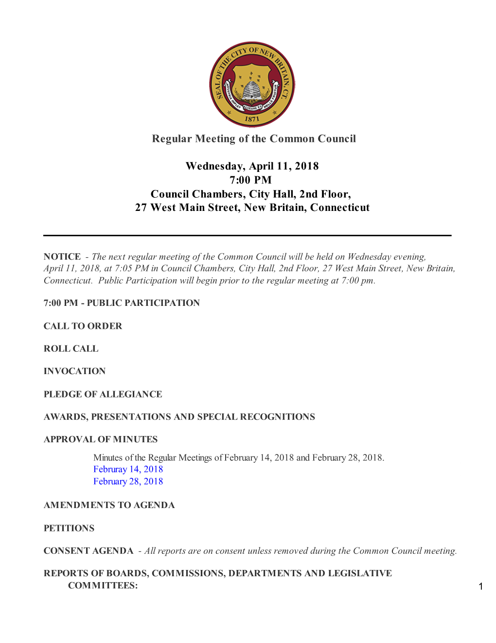 Regular Meeting of the Common Council Wednesday, April 11, 2018