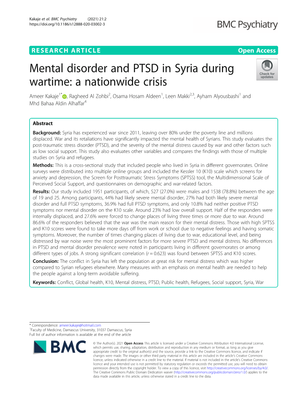 Mental Disorder and PTSD in Syria During Wartime