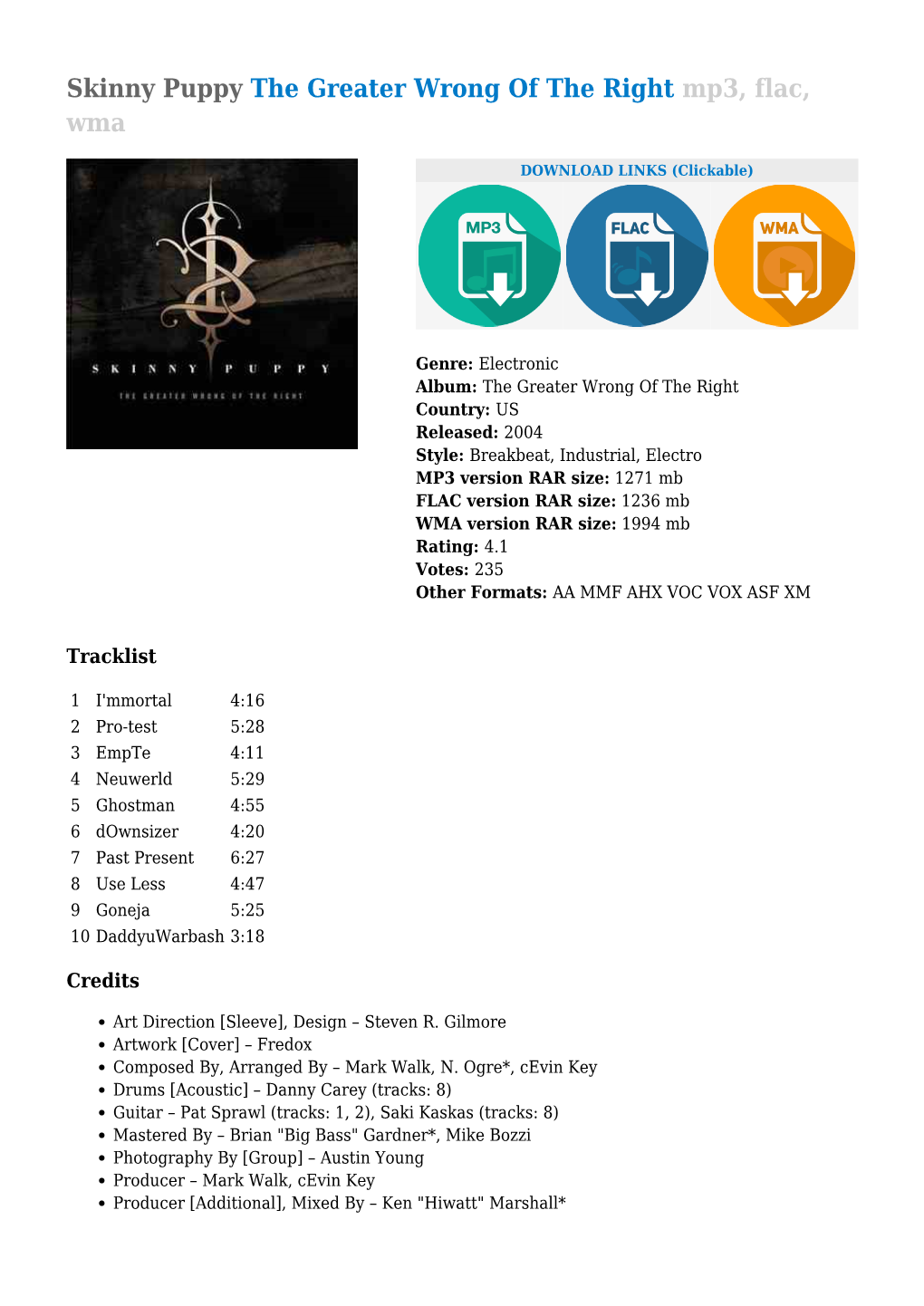 Skinny Puppy the Greater Wrong of the Right Mp3, Flac, Wma