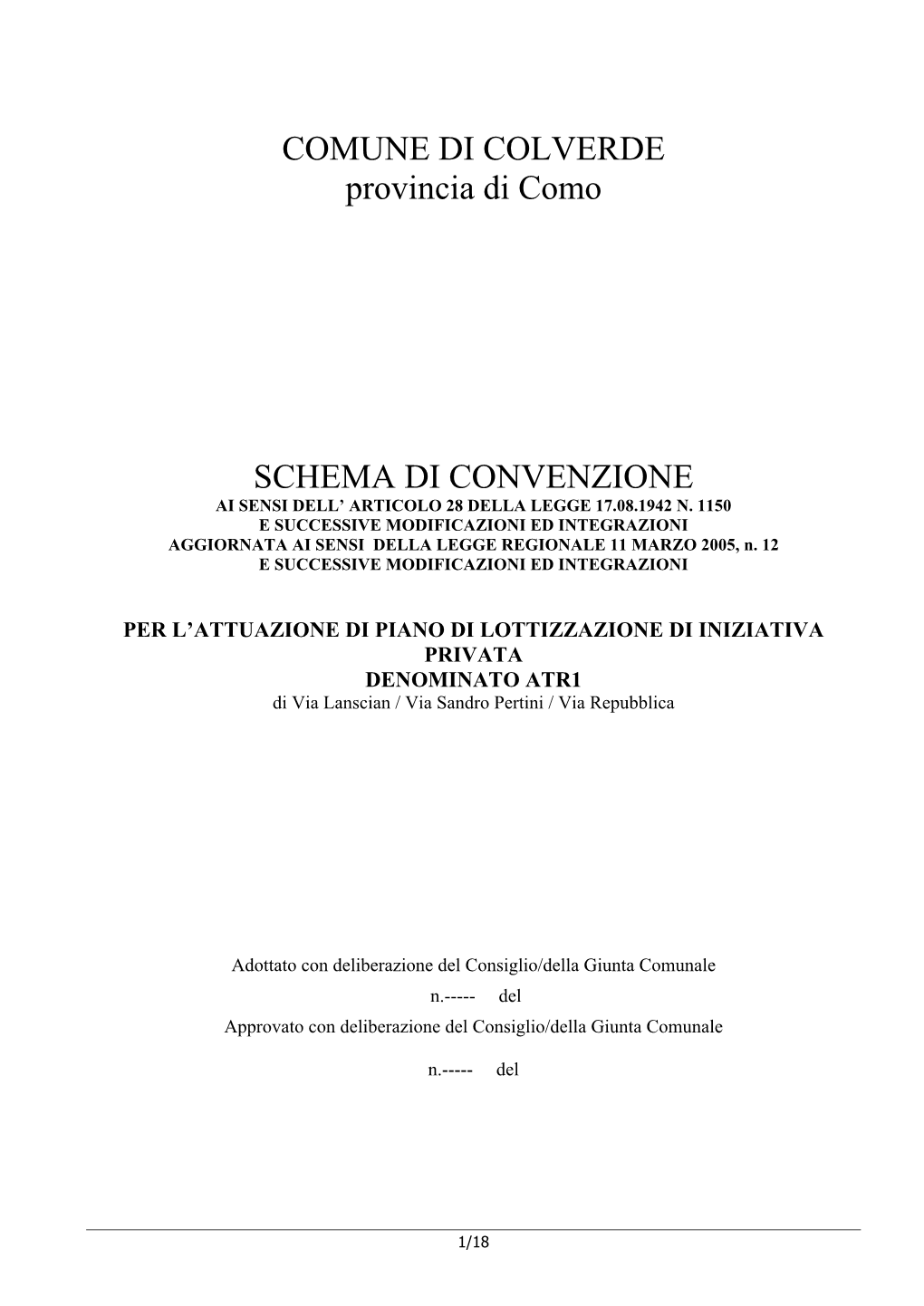 COMUNE DI COLVERDE Provincia Di Como SCHEMA DI CONVENZIONE