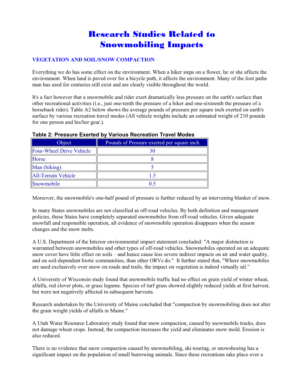 Research Studies Related to Snowmobiling Impacts