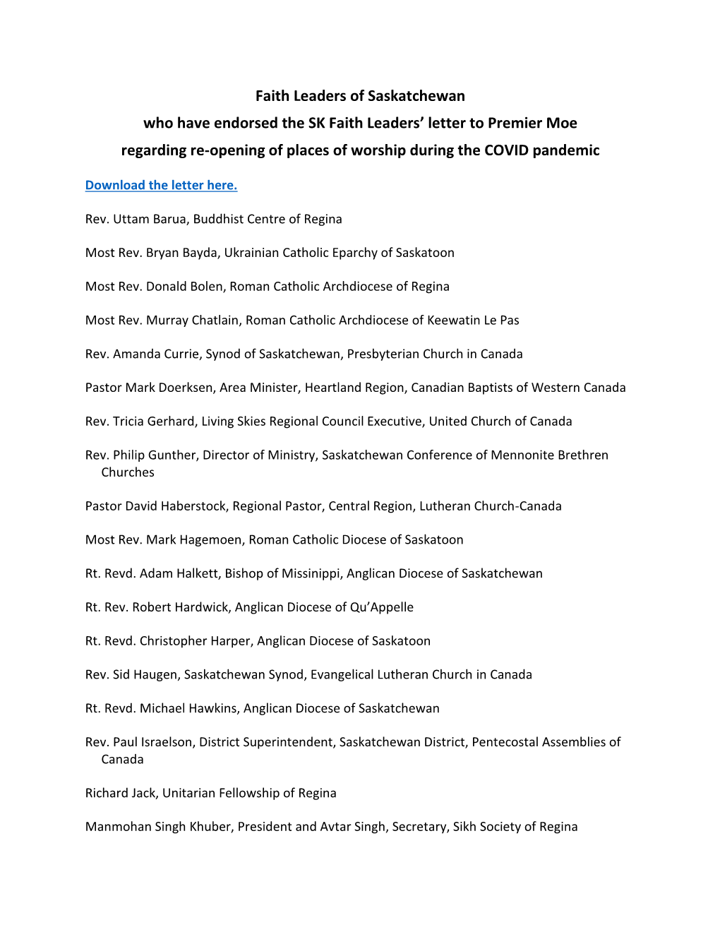 List of Participating Faith Leaders of Saskatchewan