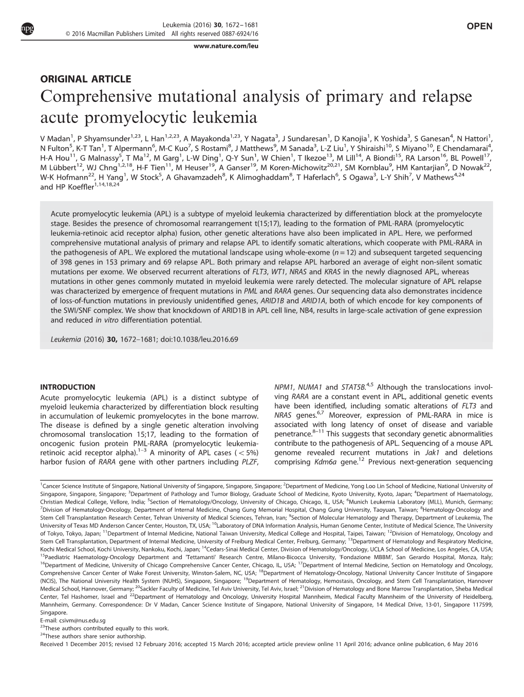 Comprehensive Mutational Analysis of Primary and Relapse Acute Promyelocytic Leukemia