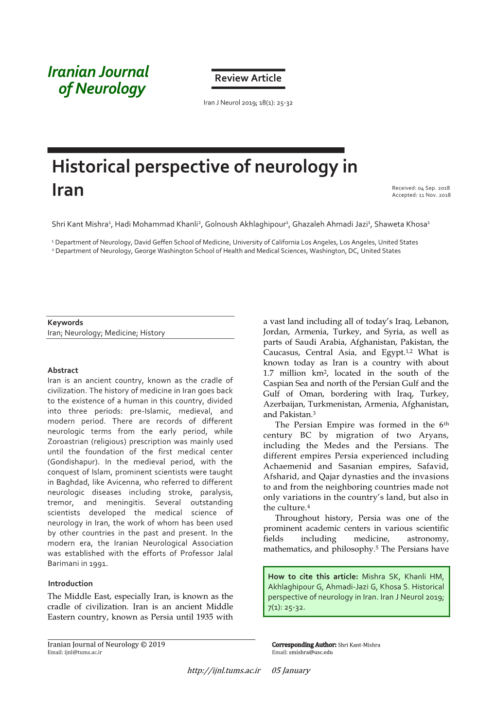 Historical Perspective of Neurology in Iran