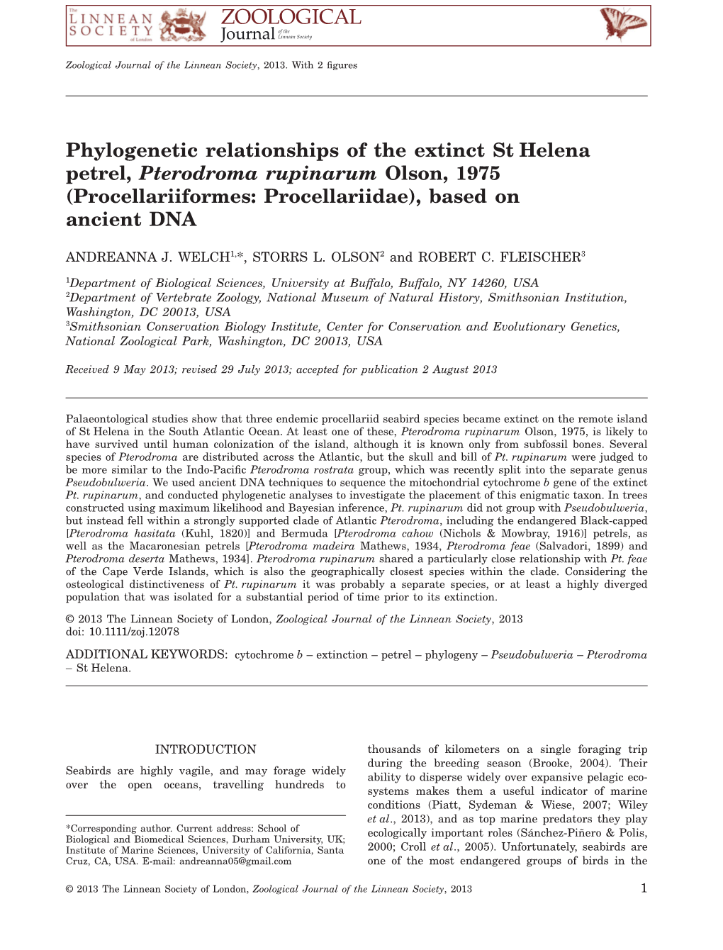 Phylogenetic Relationships of the Extinct Sthelena Petrel, Pterodroma