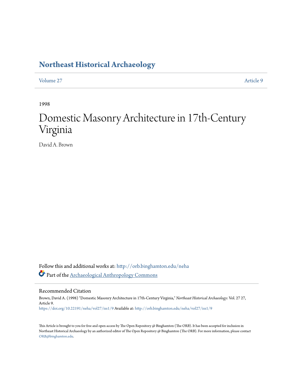 Domestic Masonry Architecture in 17Th-Century Virginia David A