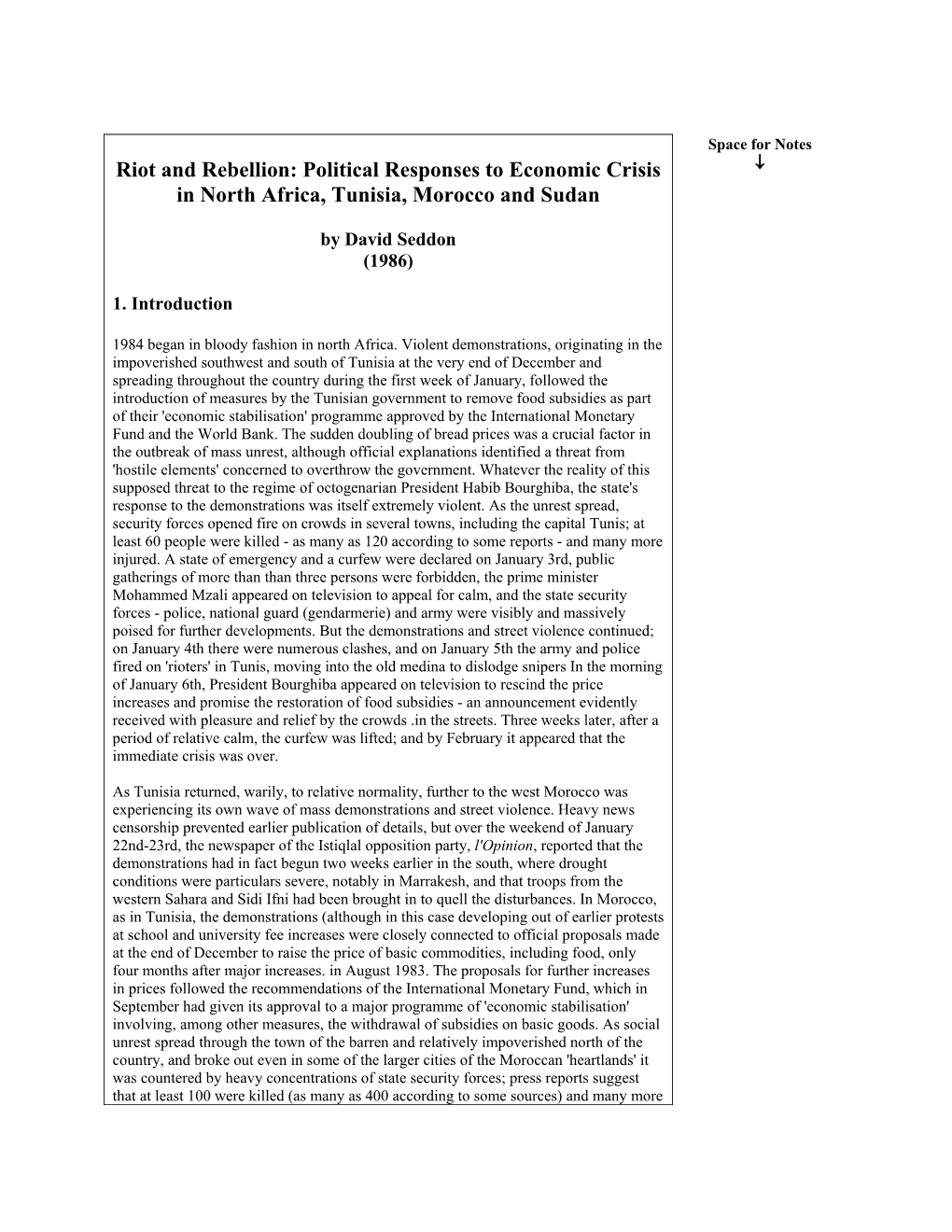 Riot and Rebellion: Political Responses to Economic Crisis ↓ in North Africa, Tunisia, Morocco and Sudan