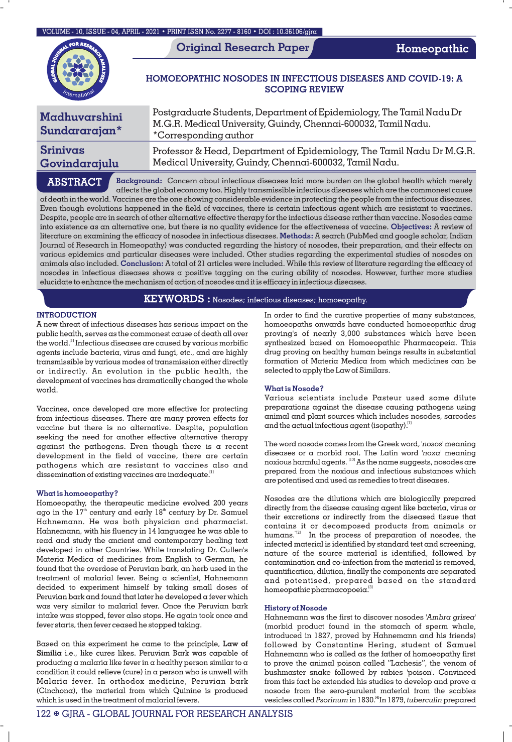 Original Research Paper Madhuvarshini Sundararajan* Homeopathic Srinivas Govindarajulu