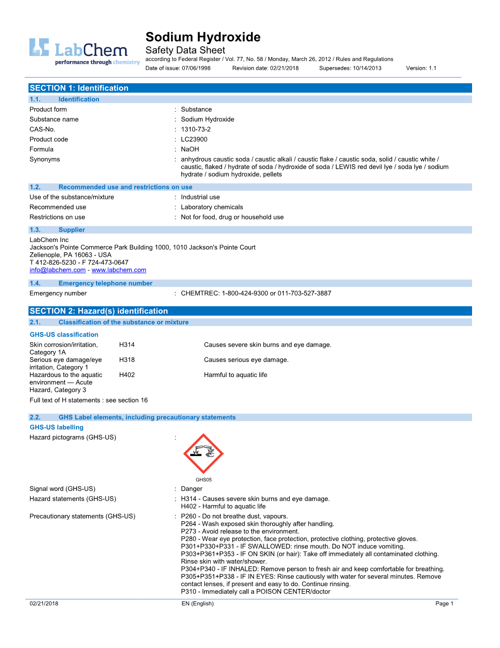 Sodium Hydroxide Safety Data Sheet According to Federal Register / Vol