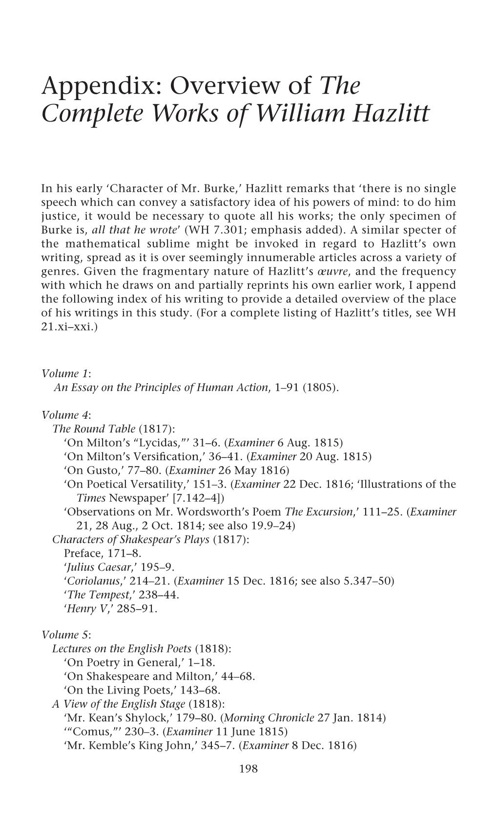 Appendix: Overview of the Complete Works of William Hazlitt