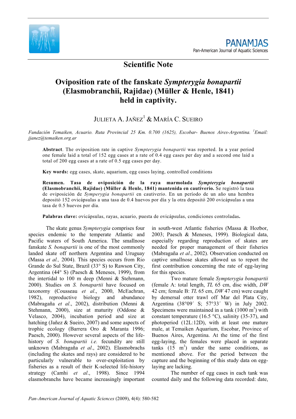 Scientific Note Oviposition Rate of the Fanskate Sympterygia Bonapartii