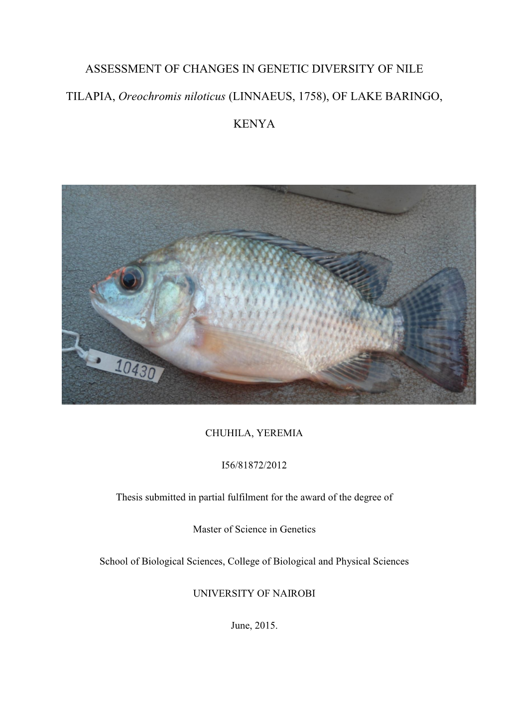 Chuhila Assessment of Changes in Genetic Diversity of Nile Tilapia