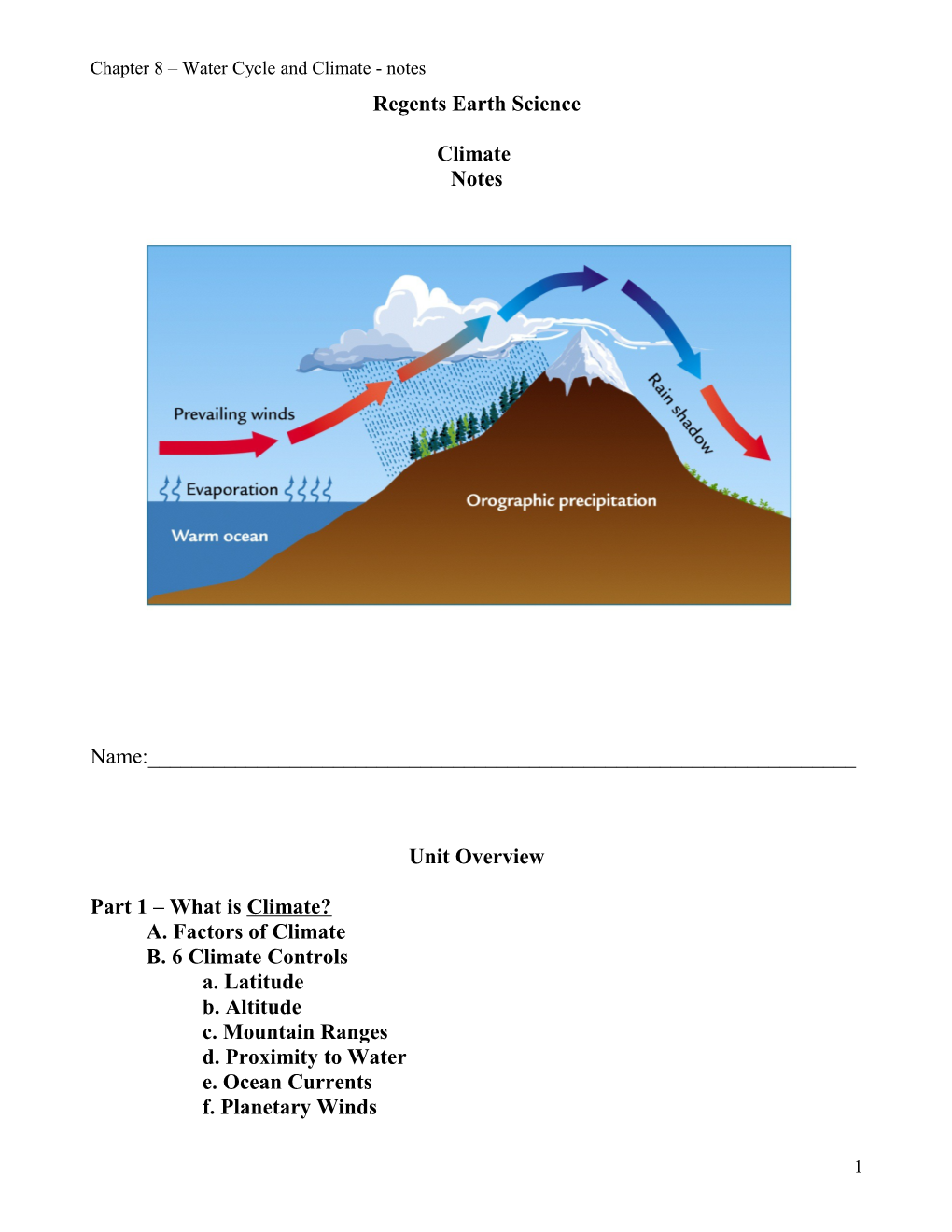 Chapter 8 Water Cycle and Climate - Notes