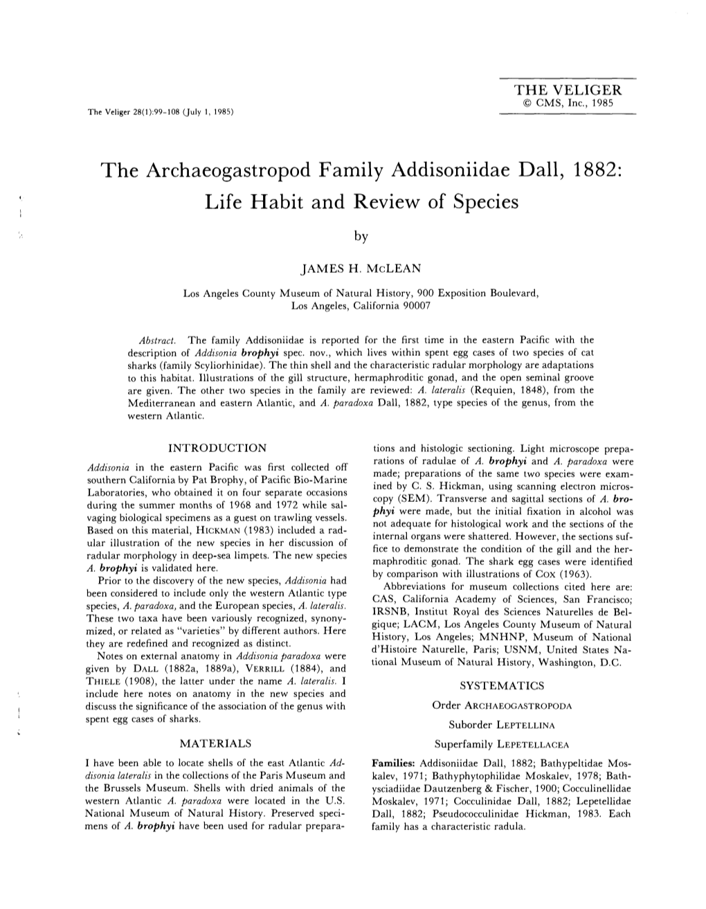 The Archaeogastropod Family Addisoniidae Dall, 1882: Life Habit and Review of Species