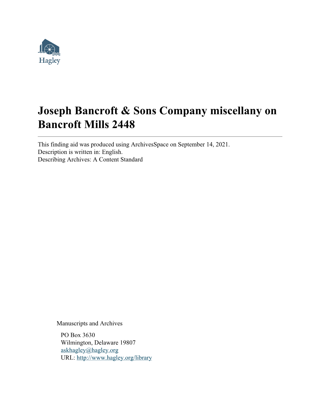 Joseph Bancroft & Sons Company Miscellany on Bancroft Mills 2448