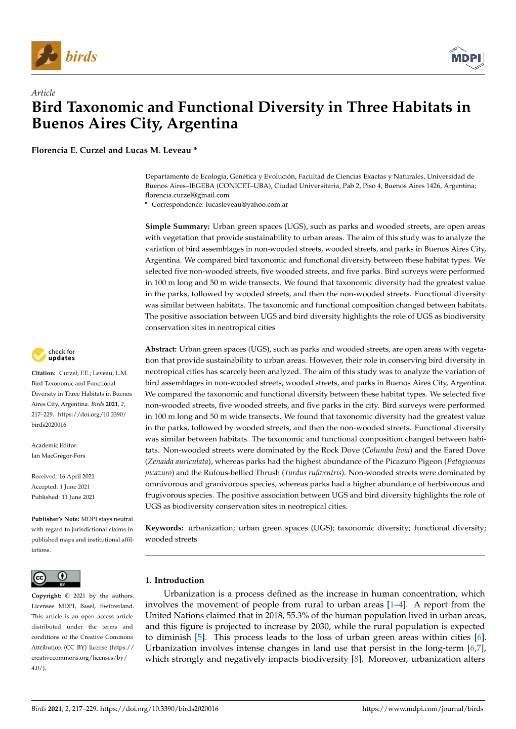 Bird Taxonomic and Functional Diversity in Three Habitats in Buenos Aires City, Argentina