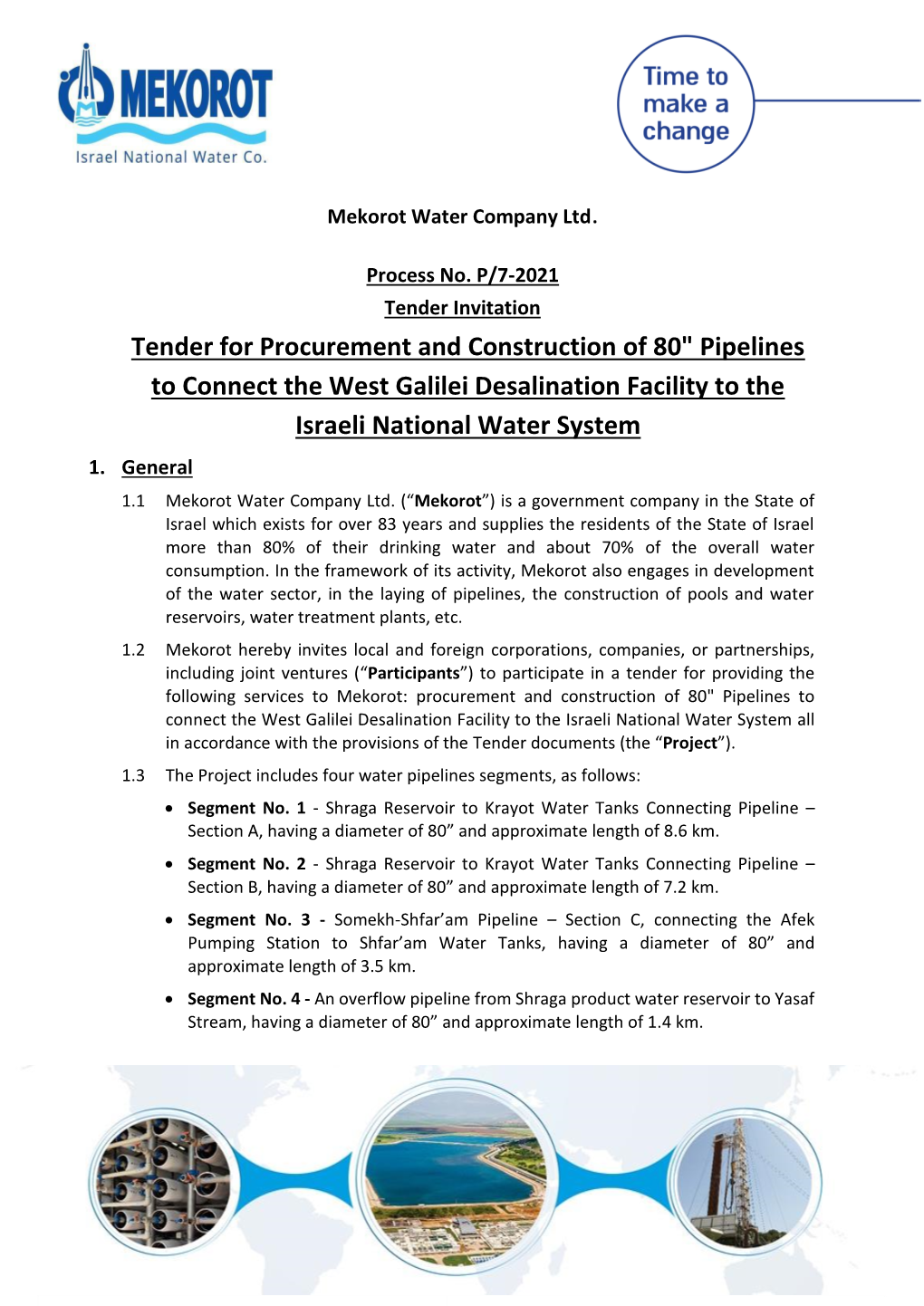 Tender for Procurement and Construction of 80" Pipelines to Connect the West Galilei Desalination Facility to the Israeli National Water System 1