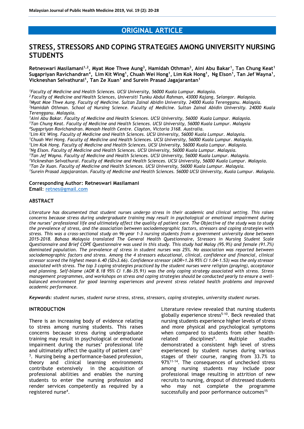 Stress, Stressors and Coping Strategies Among University Nursing Students