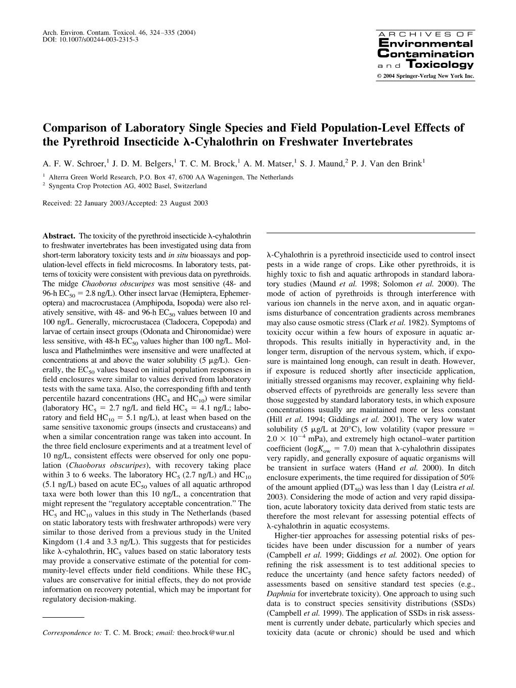 Comparison of Laboratory Single Species and Field Population-Level Effects of the Pyrethroid Insecticide ␭-Cyhalothrin on Freshwater Invertebrates