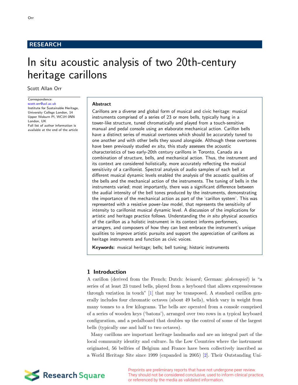 In Situ Acoustic Analysis of Two 20Th-Century Heritage Carillons Scott Allan Orr