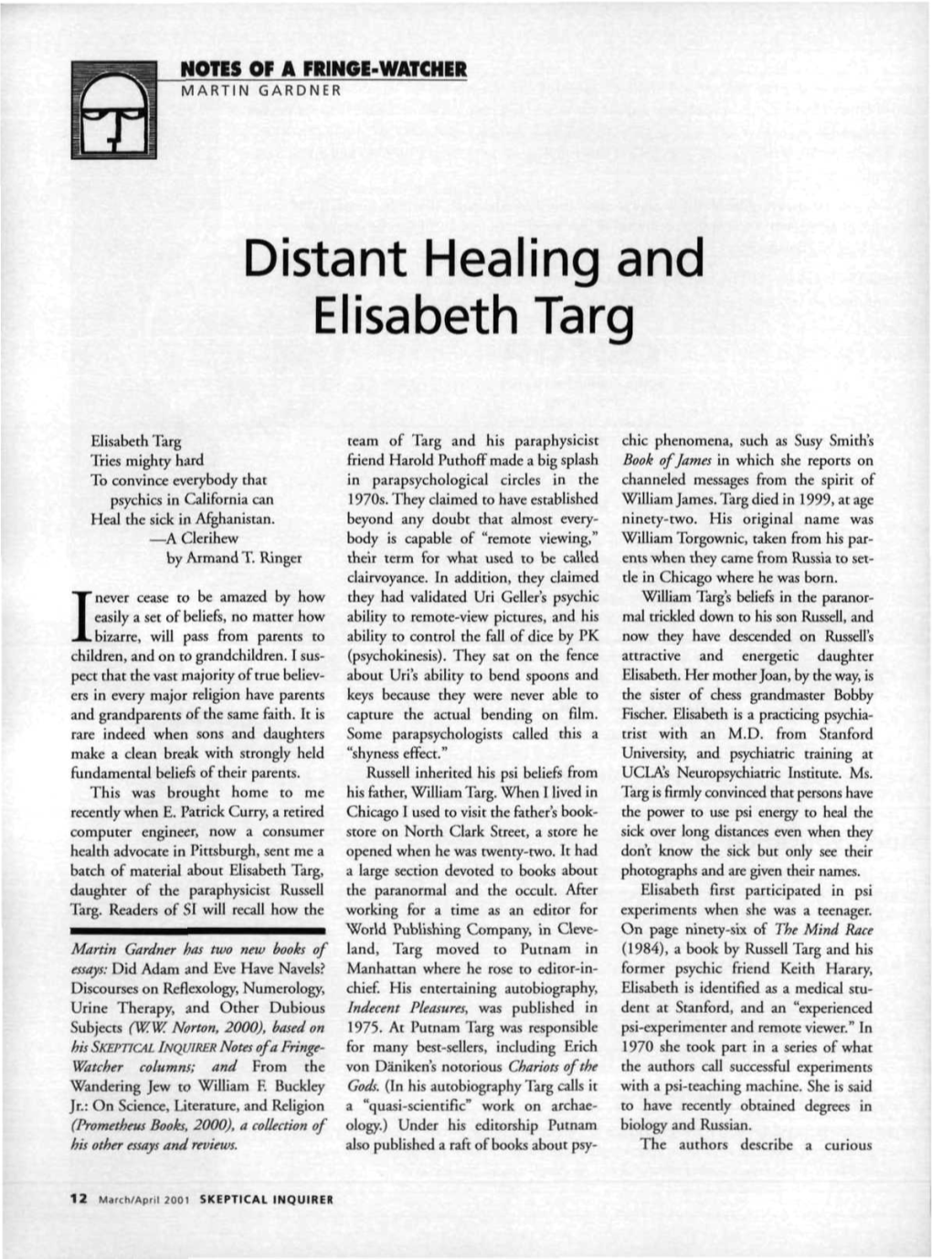 Distant Healing and Elisabeth Targ