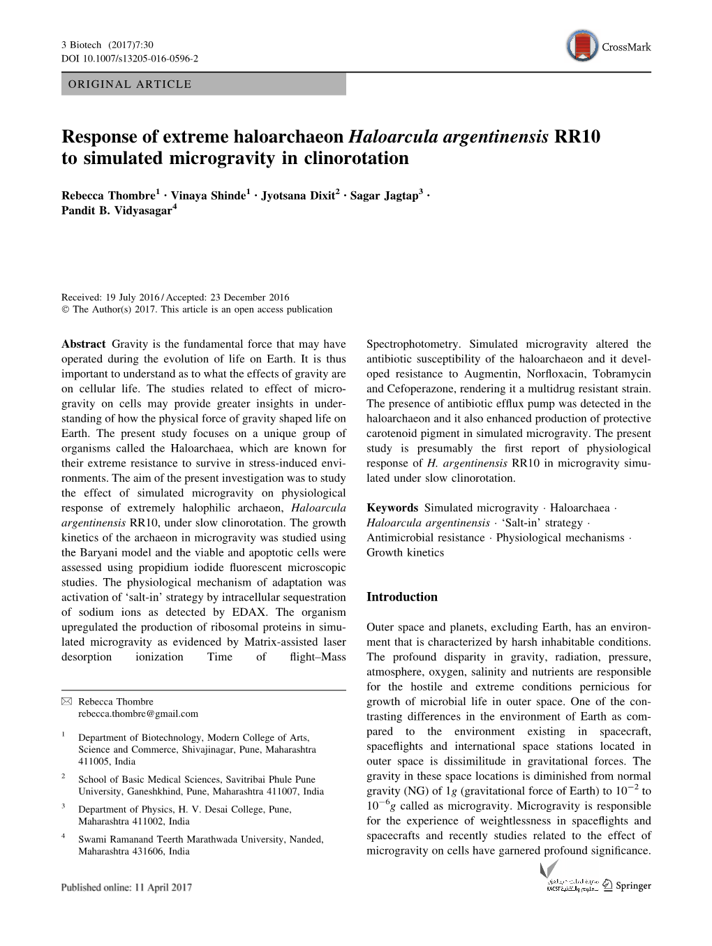 Response of Extreme Haloarchaeon Haloarcula Argentinensis RR10 to Simulated Microgravity in Clinorotation