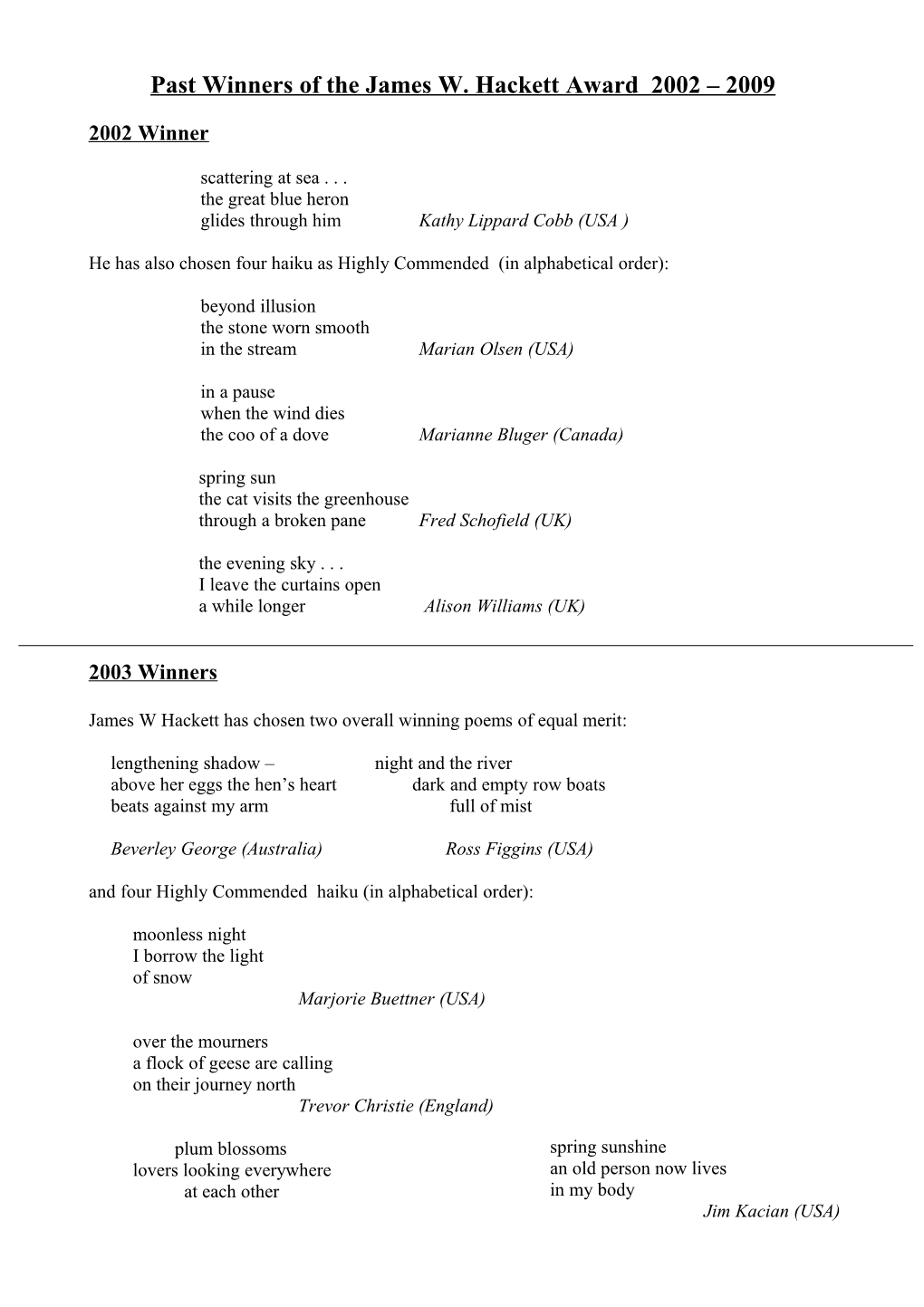 Record of Past Winners from 2002 2008