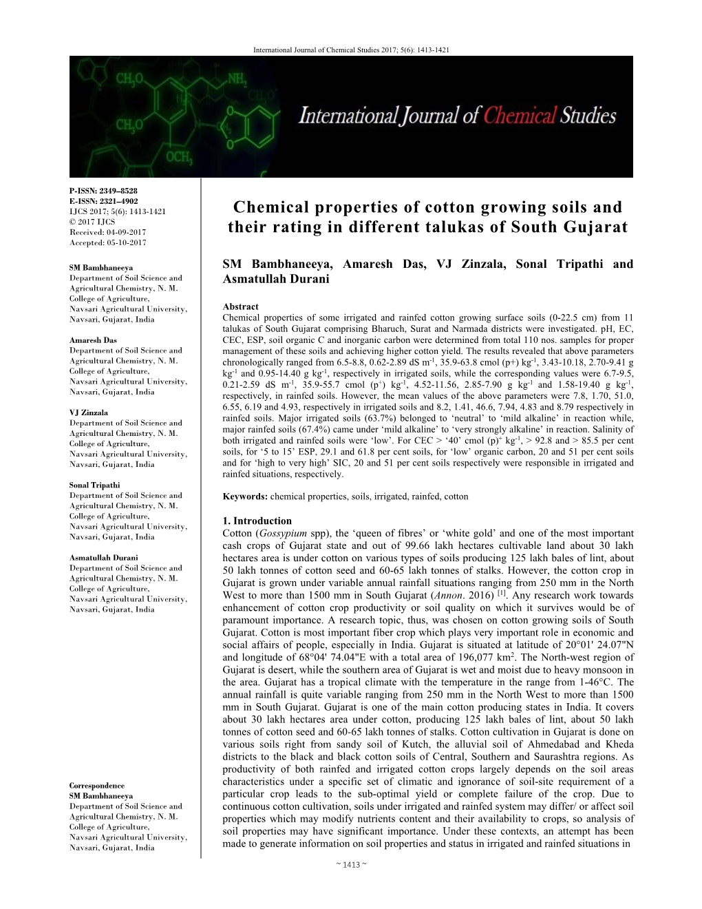 Chemical Properties of Cotton Growing Soils and Their Rating in Different Talukas of South Gujarat