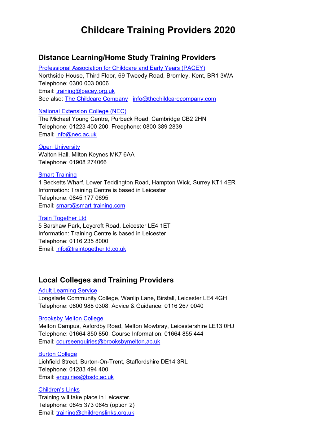 Local Childcare Training Providers