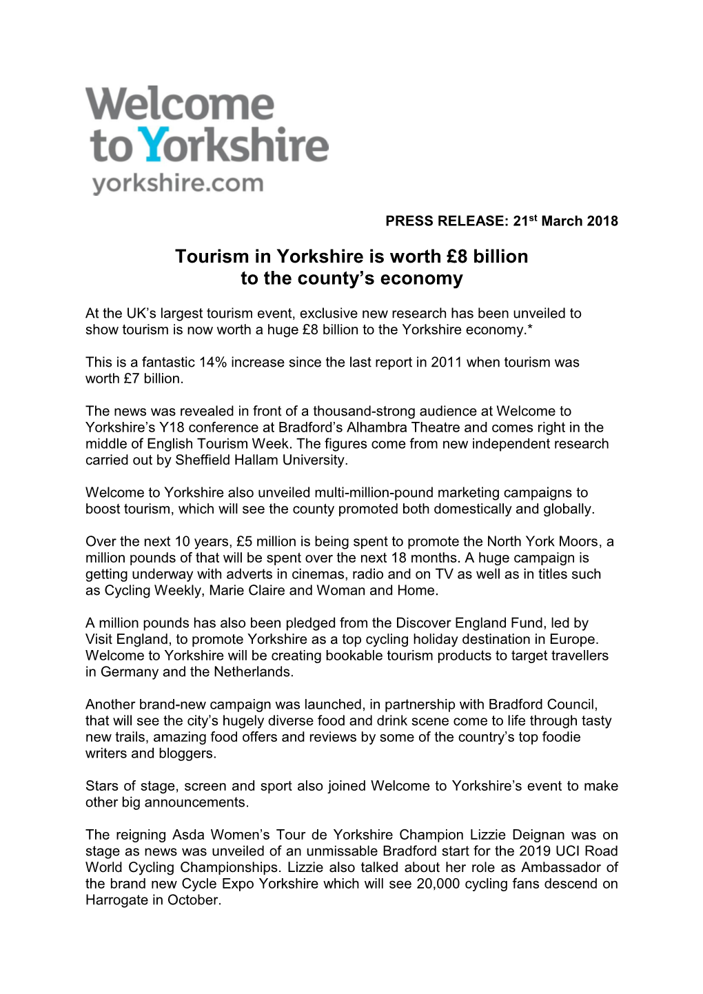 Tourism in Yorkshire Is Worth £8 Billion to the County's Economy