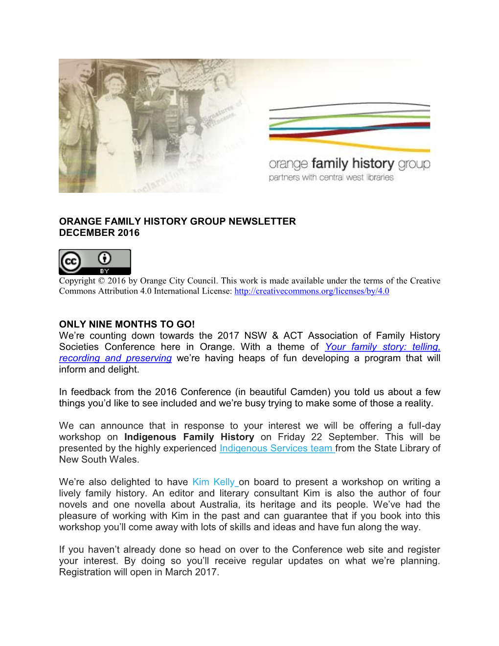 Orange Family History Group Newsletter December 2016