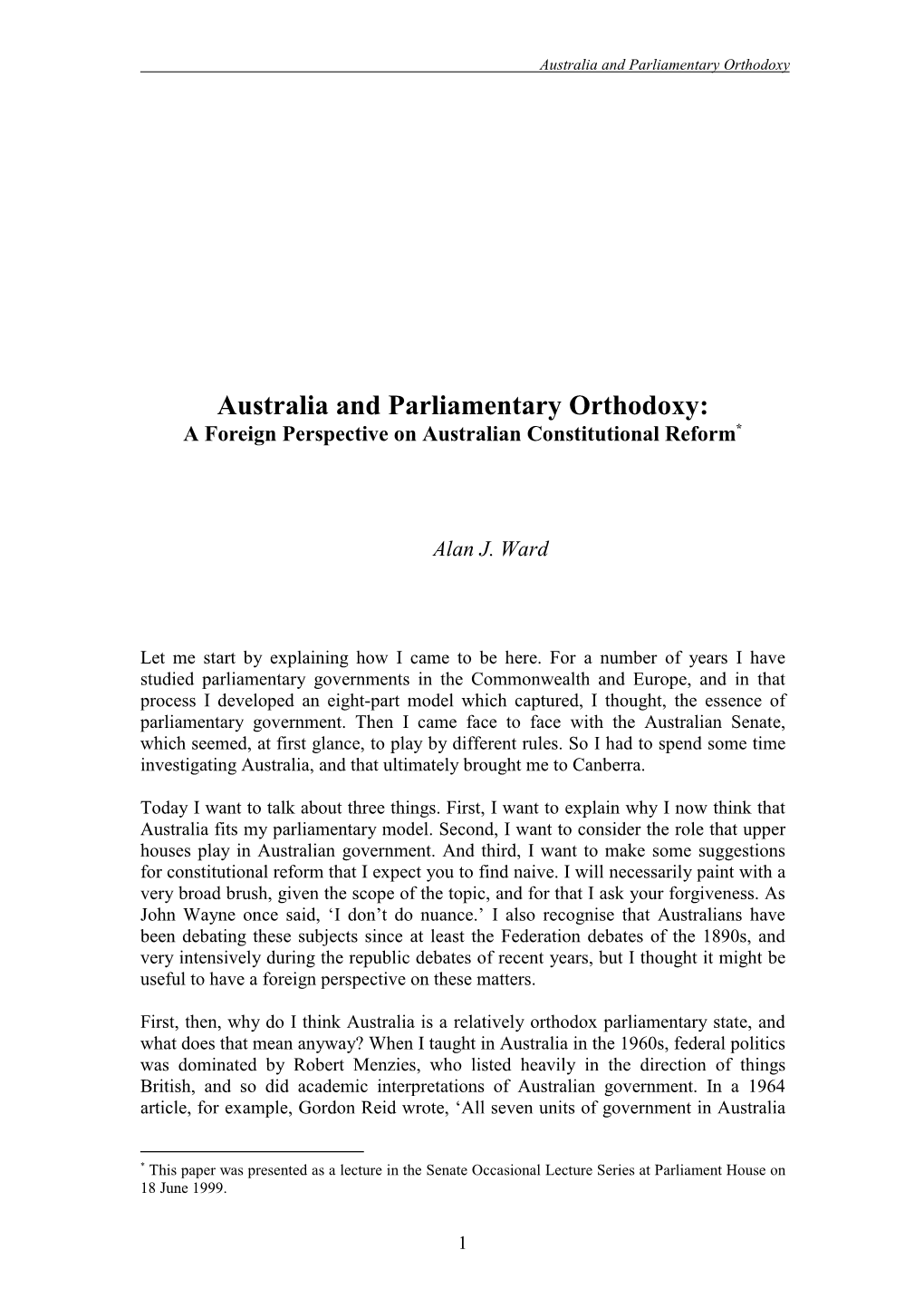 Australia and Parliamentary Orthodoxy