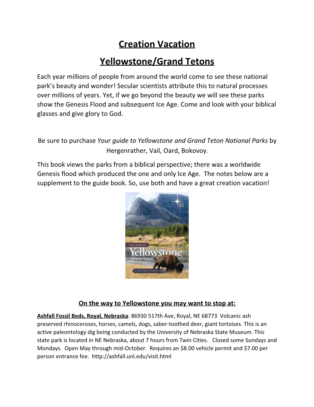 Creation Vacation Yellowstone/Grand Tetons