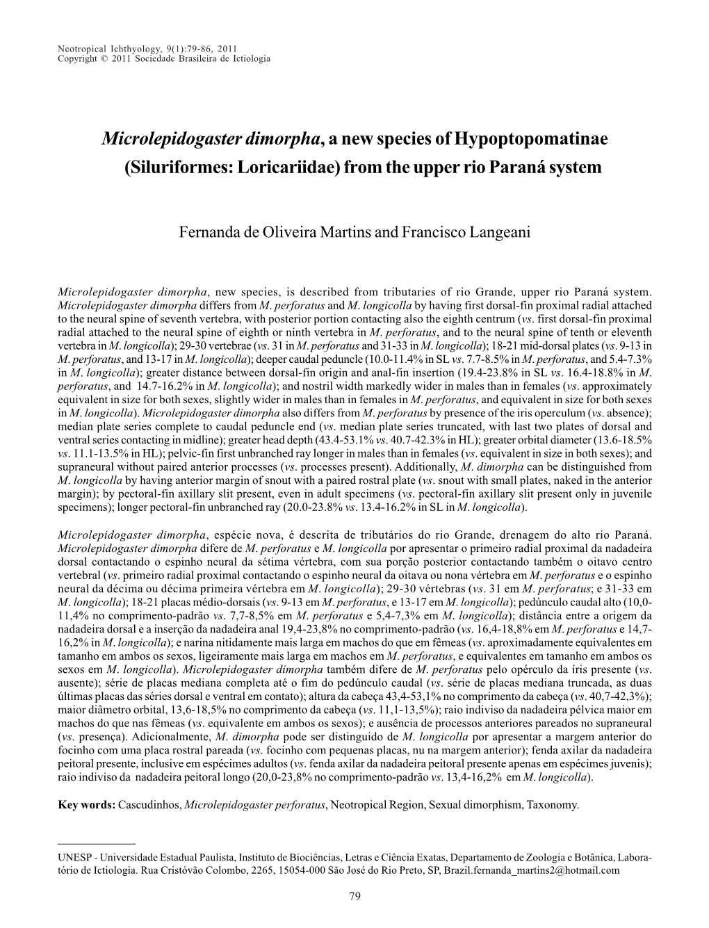 Microlepidogaster Dimorpha, a New Species of Hypoptopomatinae (Siluriformes: Loricariidae) from the Upper Rio Paraná System