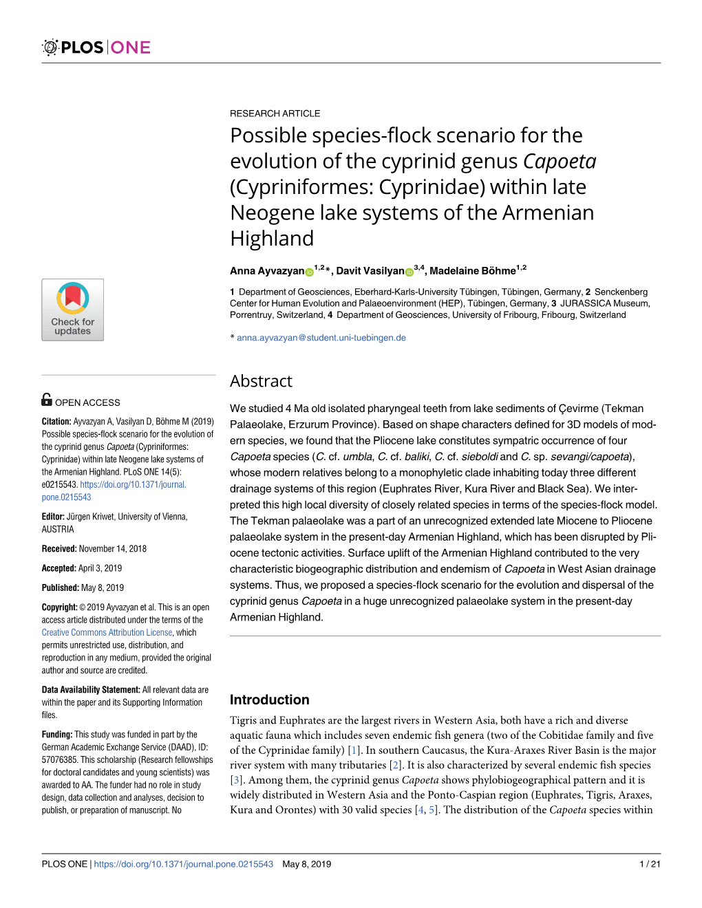 Possible Species-Flock Scenario for the Evolution of the Cyprinid Genus Capoeta (Cypriniformes: Cyprinidae) Within Late Neogene Lake Systems of the Armenian Highland