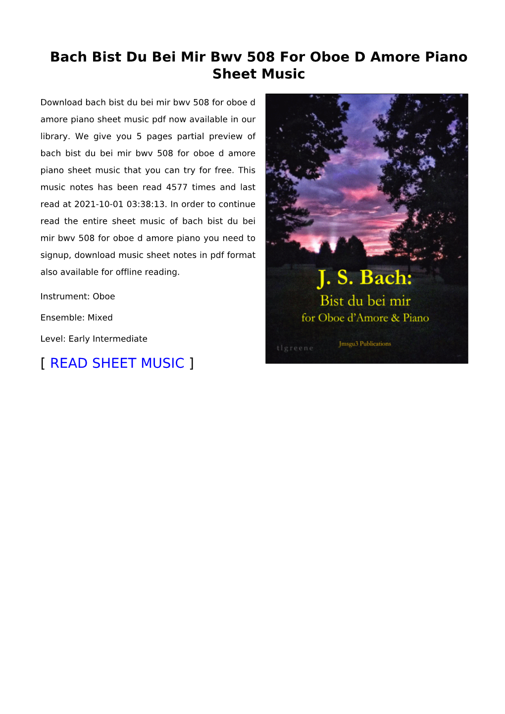 Bach Bist Du Bei Mir Bwv 508 for Oboe D Amore Piano Sheet Music