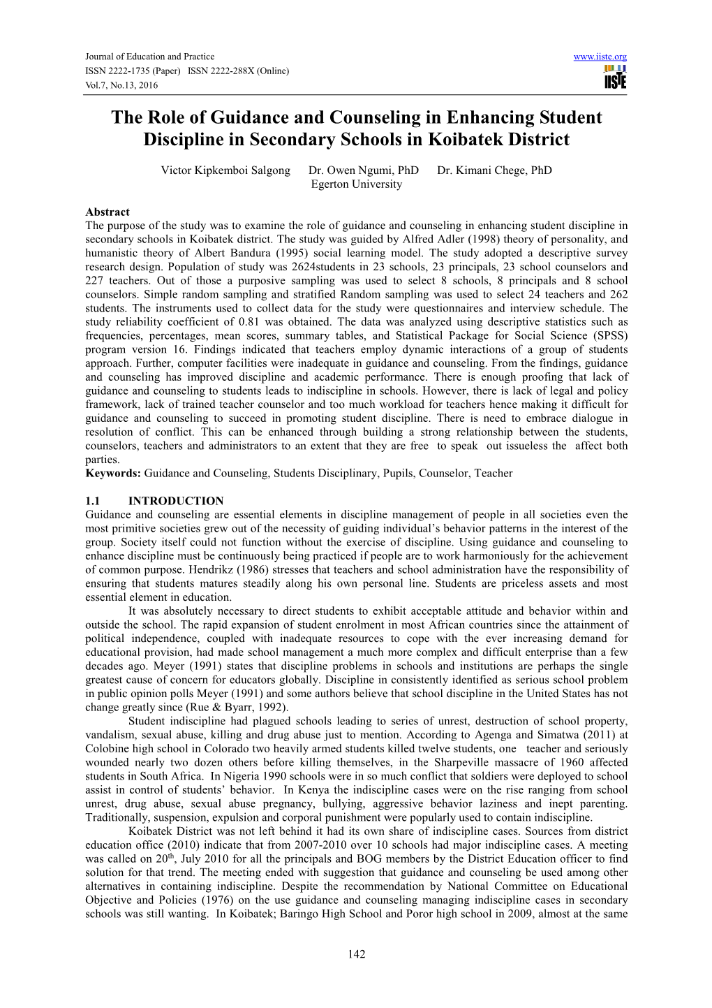 The Role of Guidance and Counseling in Enhancing Student Discipline in Secondary Schools in Koibatek District