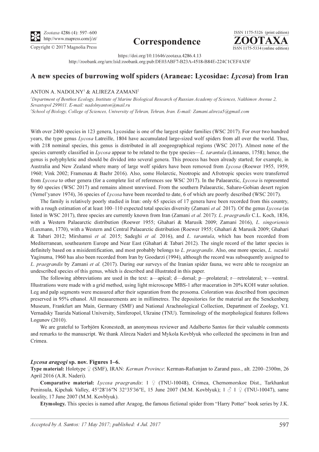 A New Species of Burrowing Wolf Spiders (Araneae: Lycosidae: Lycosa) from Iran