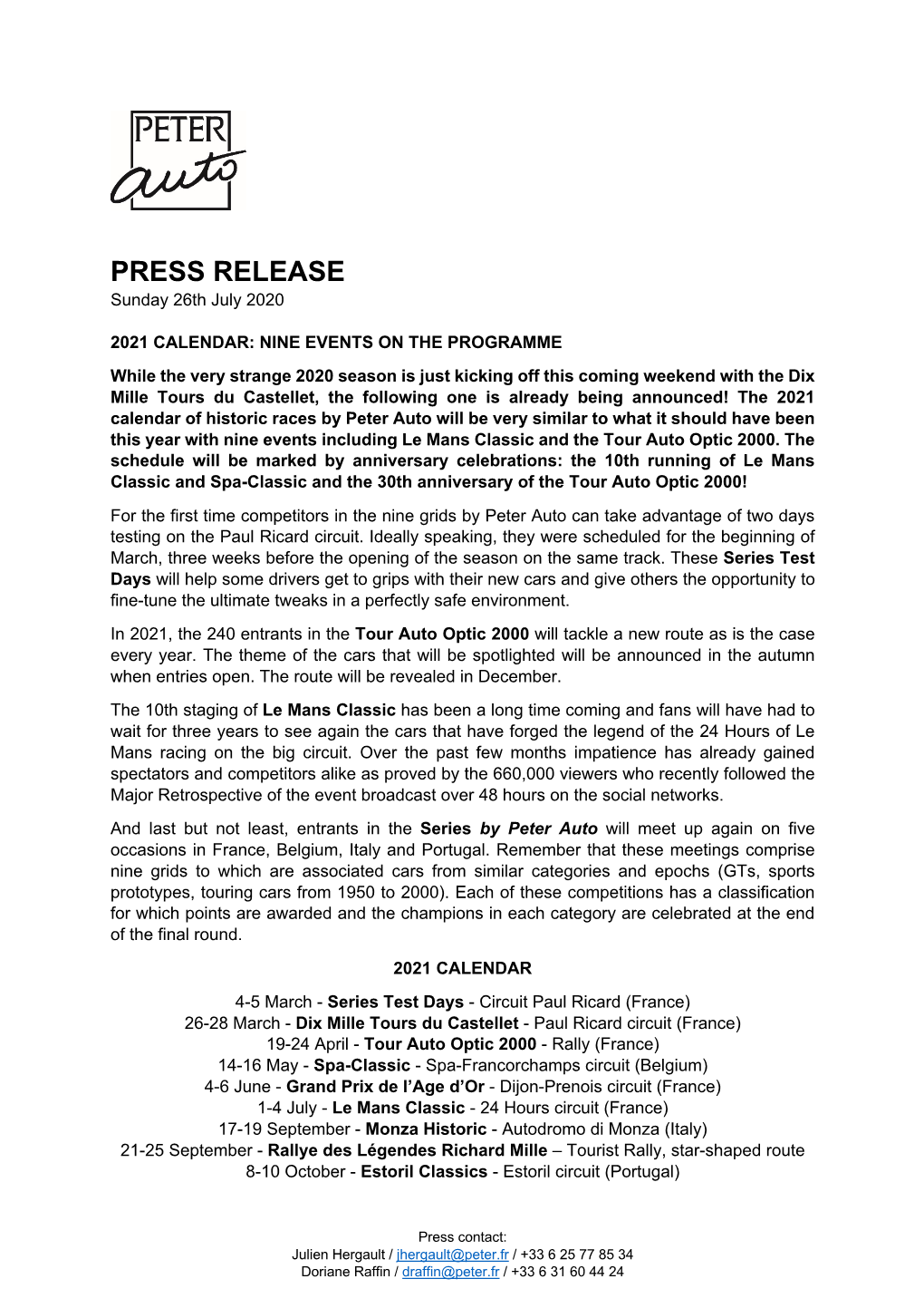 PRESS RELEASE Sunday 26Th July 2020