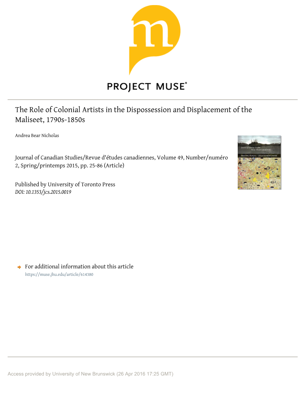 The Role of Colonial Artists in the Dispossession and Displacement of the Maliseet, 1790S-1850S