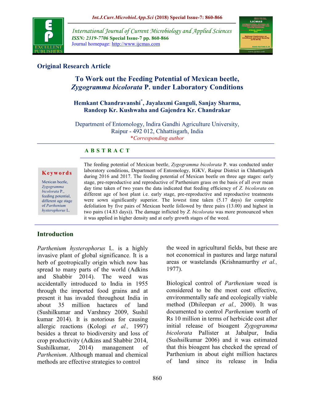 To Work out the Feeding Potential of Mexican Beetle, Zygogramma Bicolorata P